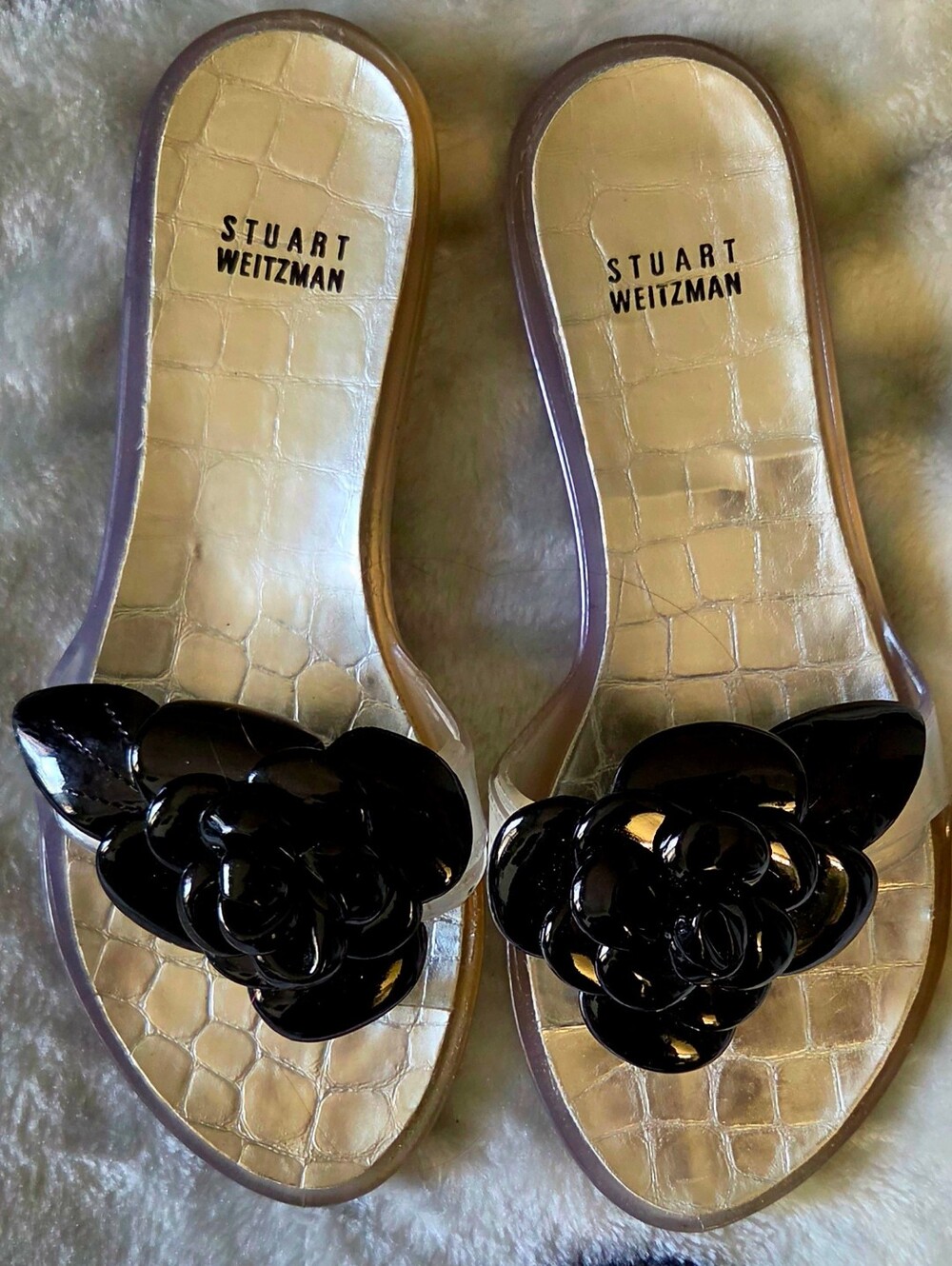 Stuart Weitzman Women's Black Floral Slide Sandals
